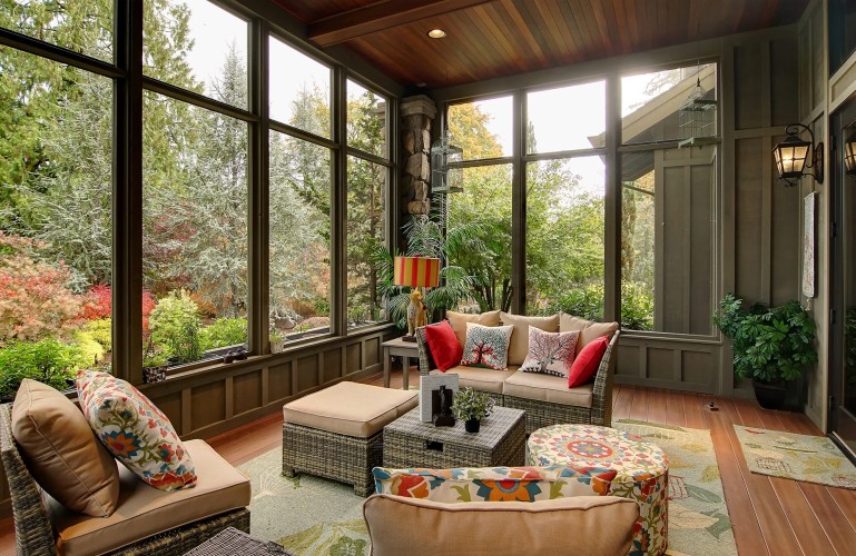 Gathering space surrounded by windows with nature close by