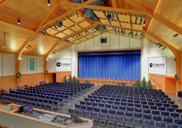 Corban University amphitheater with beautiful light wood ceiling