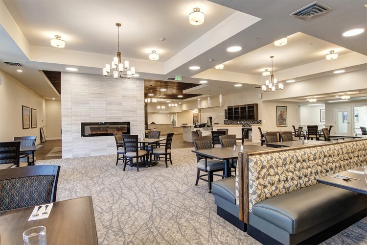 Dining room with simple and elegant seating and a fire place