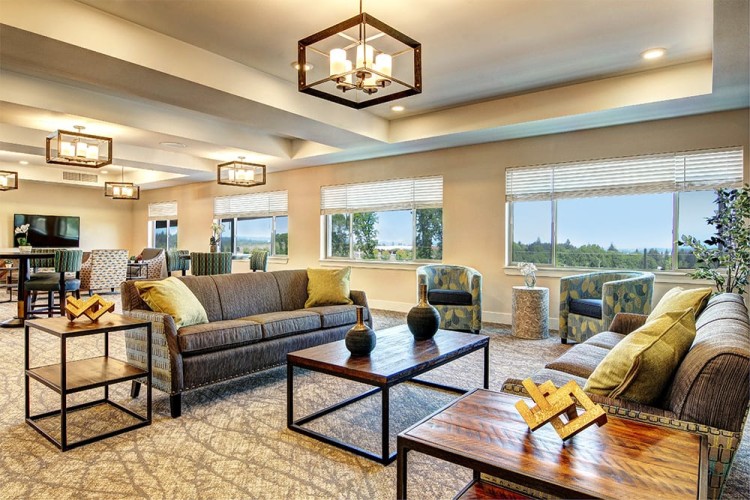 Geometric-style lounge area with couches, chairs, tables and a pretty view out the windows