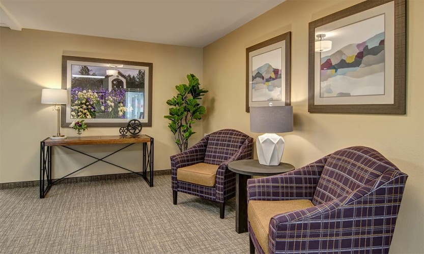 Corner seating area with purple, yellow, and gray accent colors with simple furnishings