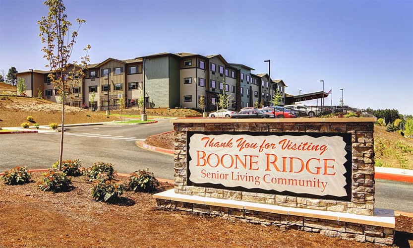 Exterior entrance sign "Thank You for Visiting Boone Ridge Senior Living Community"