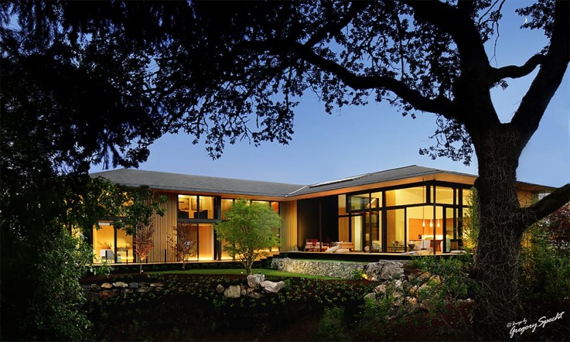 Nighttime view of lit modern house from across the pond between the trees