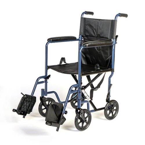 Black transport chair with blue metal