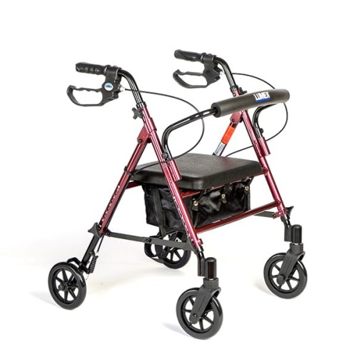 four wheeled walker with lift-able seat and hand brakes
