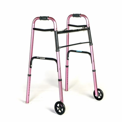 pink metal two wheeled, collapsible walker