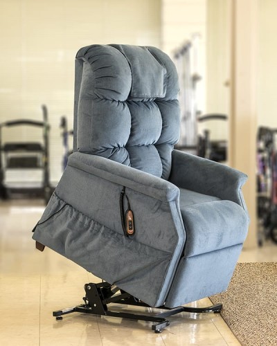 Blue chair with electric powered lift/tilt capabilities