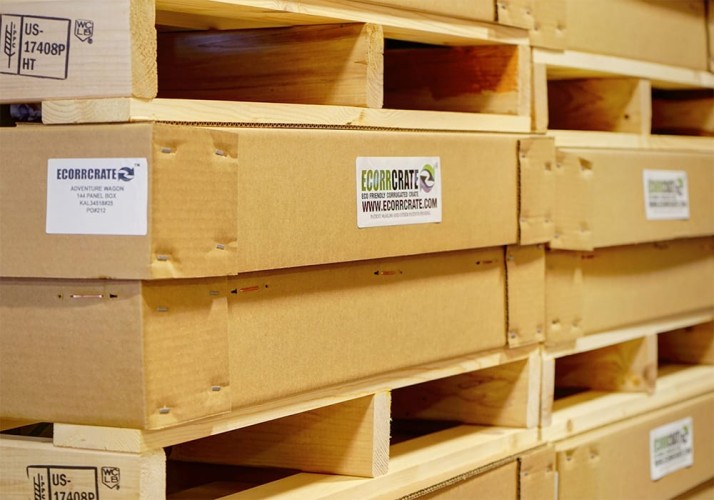 Close up of Ecorrcrate crates stacked with wood crates in between
