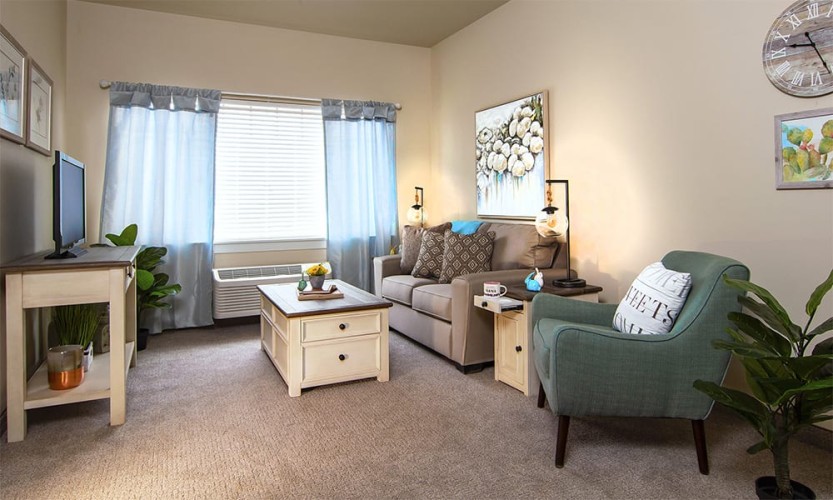 Small living room with brown, blue, and blue/green accent colors at an angle to the windows