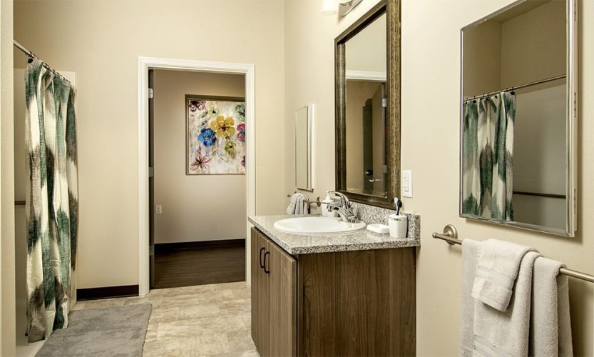 Bathroom with brown, green/blue, and gray colors with cheerful walls view into the hallway