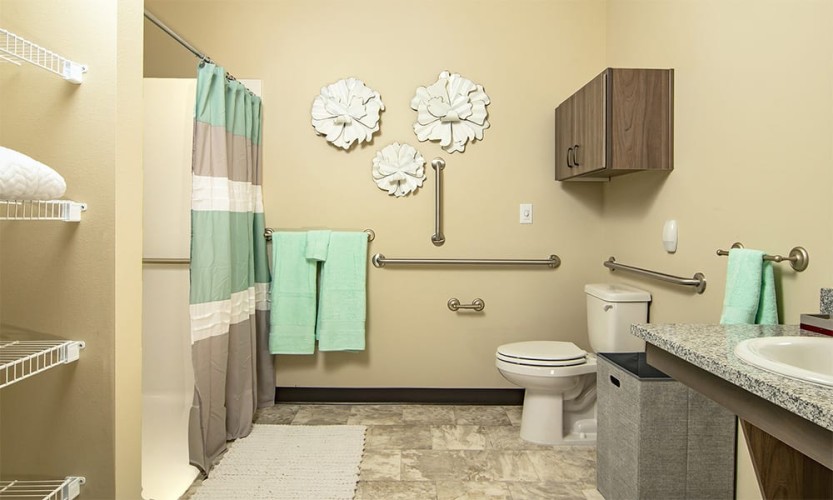 Bathroom with mint and tan accent colors and metal bars to assist in sitting and standing around the toilet
