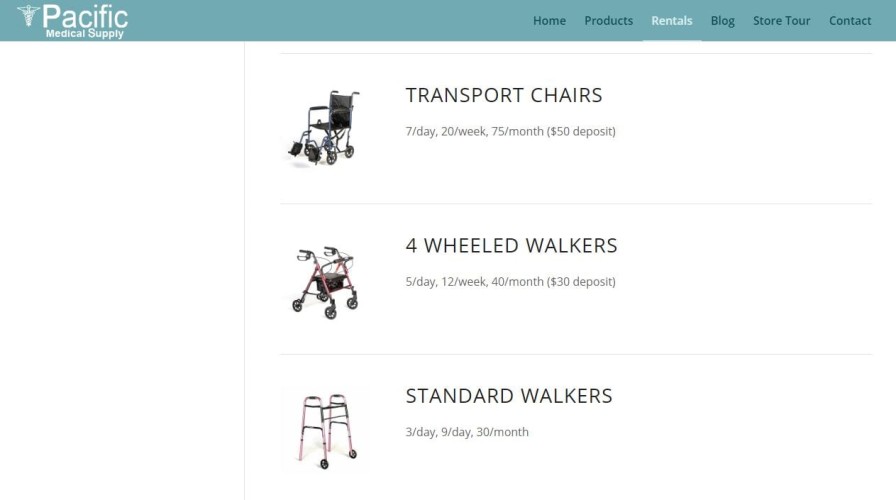 Screenshot of Pacific Medical Supply's website rentals page with transport chairs, 4 wheeled walkers, and standard walkers available