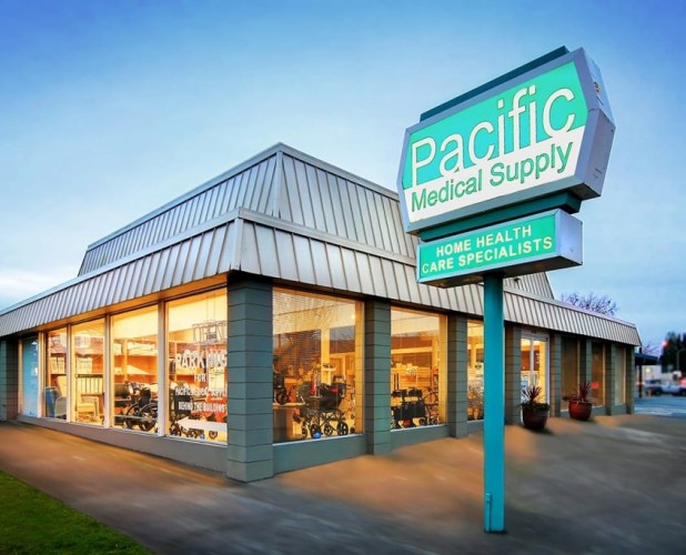Exterior of Pacific Medical Supply in Salem with a well-lit interior and sign